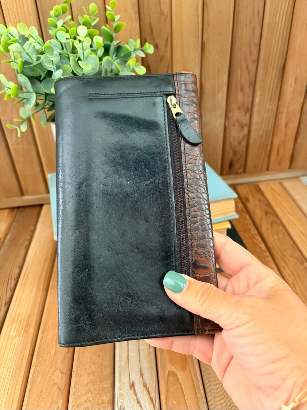 BRAHMIN Croc-Embossed Black and Brown Leather Trifold Wallet